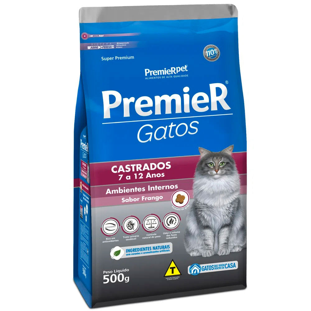 Foto-do-produto-Racao-Premier-Gatos-Castrados-7-a-12-Anos-Ambientes-Internos-Frango-500g-no-petshop-online-da-Tudo-de-Bicho