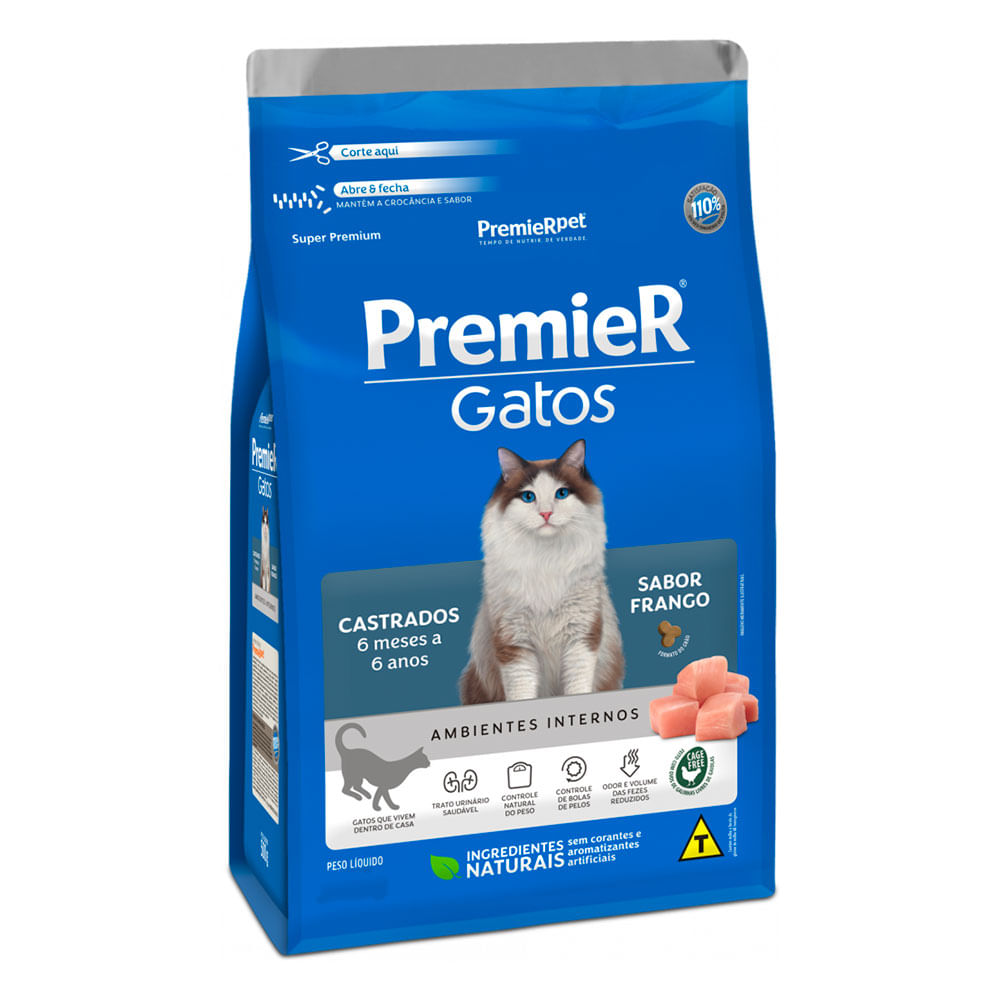 Foto-do-produto-Racao-Premier-Gatos-Castrados-6-Meses-a-6-Anos-Ambientes-Internos-Frango-15kg-no-petshop-online-da-Tudo-de-Bicho