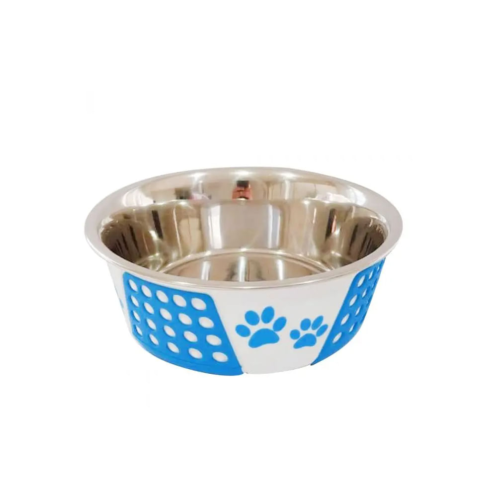 Foto-do-produto-Comedouro-Caes-The-Pets-Inox-Decorado-Pata-Bolinha-Azul-880ml-no-petshop-online-da-Tudo-de-Bicho