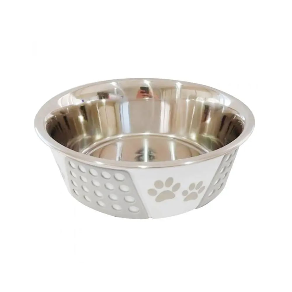 Foto-do-produto-Comedouro-Caes-The-Pets-Inox-Decorado-Pata-Bolinha-Cinza-400ml-no-petshop-online-da-Tudo-de-Bicho