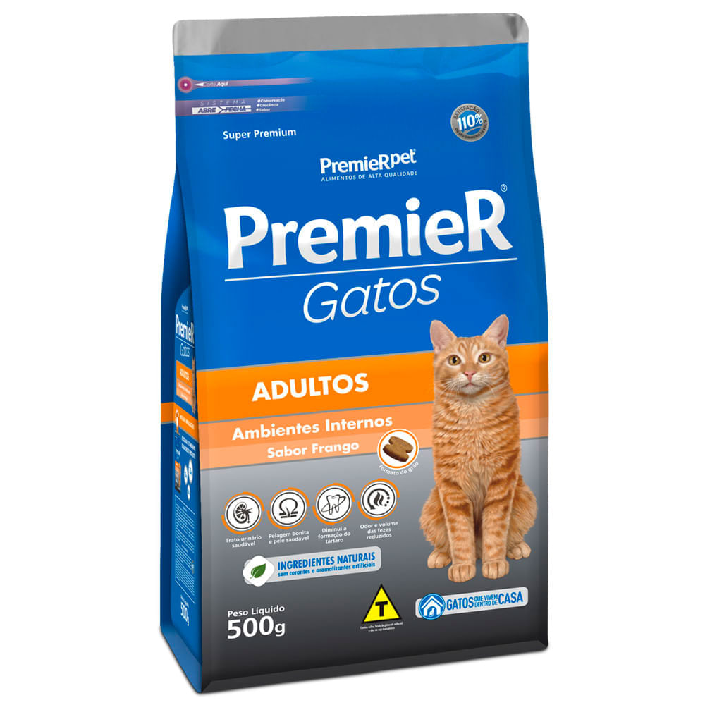 Foto-do-produto-Racao-Premier-Gatos-Adultos-Ambientes-Internos-Frango-500g-no-pet-shop-online-da-Tudo-de-Bicho