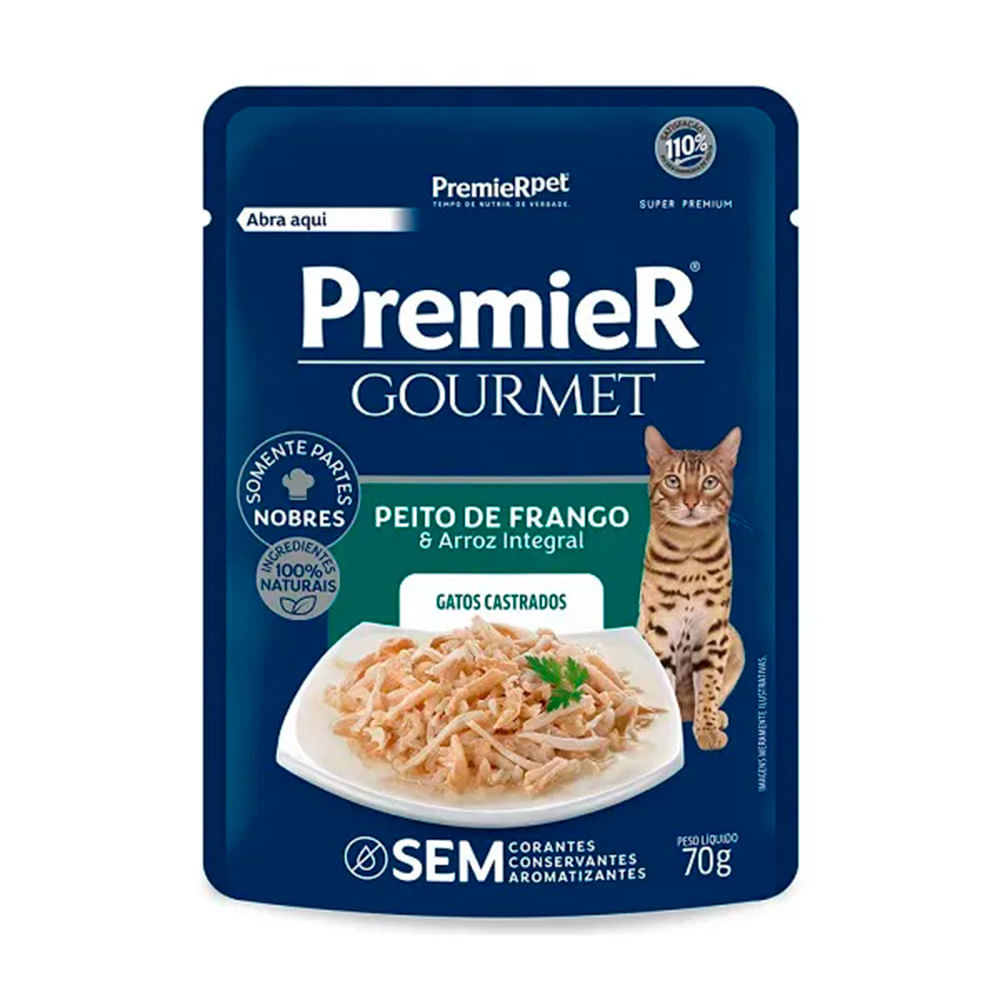 Foto-do-produto-Racao-Umida-Premier-Gourmet-Gatos-Adultos-Castrados-Frango-e-Arroz-Integral-70g-no-petshop-online-da-Tudo-de-Bicho