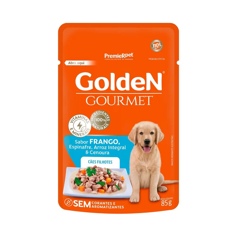 Foto-do-produto-Racao-Umida-Premier-Golden-gourmet-Caes--Filhotes-Frango-Sache-85g-no-petshop-online-da-Tudo-de-Bicho