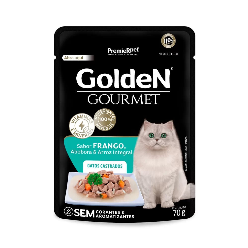 Foto-do-produto-Racao-Umida-Premier-Golden-Gourmet-Gatos-Castrados--Adultos-Frango-Sache-70g-no-petshop-online-da-Tudo-de-Bicho