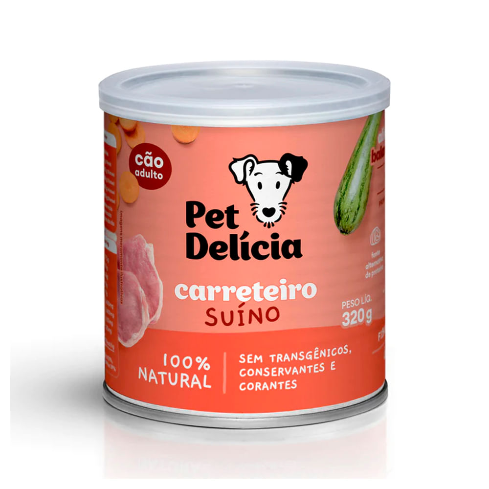 Foto-do-produto-Racao-Umida-Pet-Delicia-Natural-para-Caes-Adultos-Carreteiro-Suino-320g-no-pet-shop-online-da-Tudo-de-Bicho