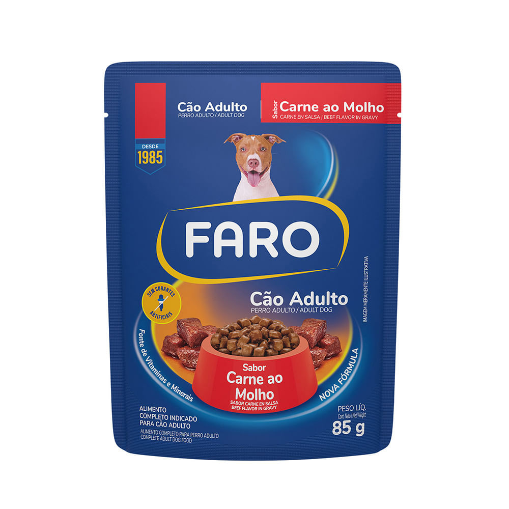 Foto-do-produto-Racao-Umida-Faro-para-Caes-Adultos-Sabor-Carne-Sache-85g-no-pet-shop-online-da-Tudo-de-Bicho