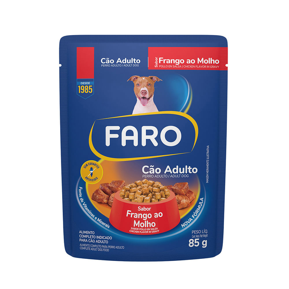 Foto-do-produto-Racao-Umida-Faro-para-Caes-Adultos-Sabor-Frango-Sache-85g-no-pet-shop-online-da-Tudo-de-Bicho