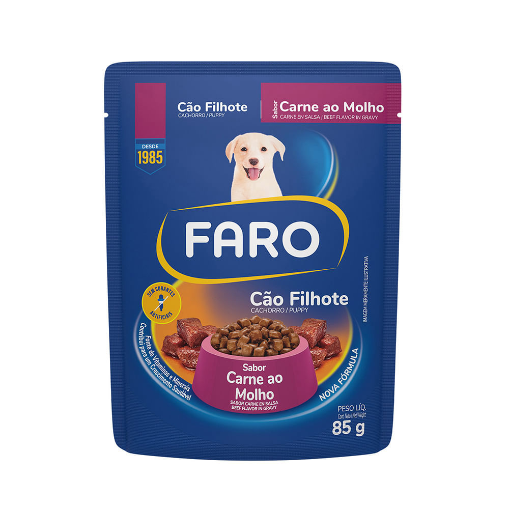 Foto-do-produto-Racao-Umida-Faro-para-Caes-Filhotes-Sabor-Carne-Sache-85g-no-pet-shop-online-da-Tudo-de-Bicho