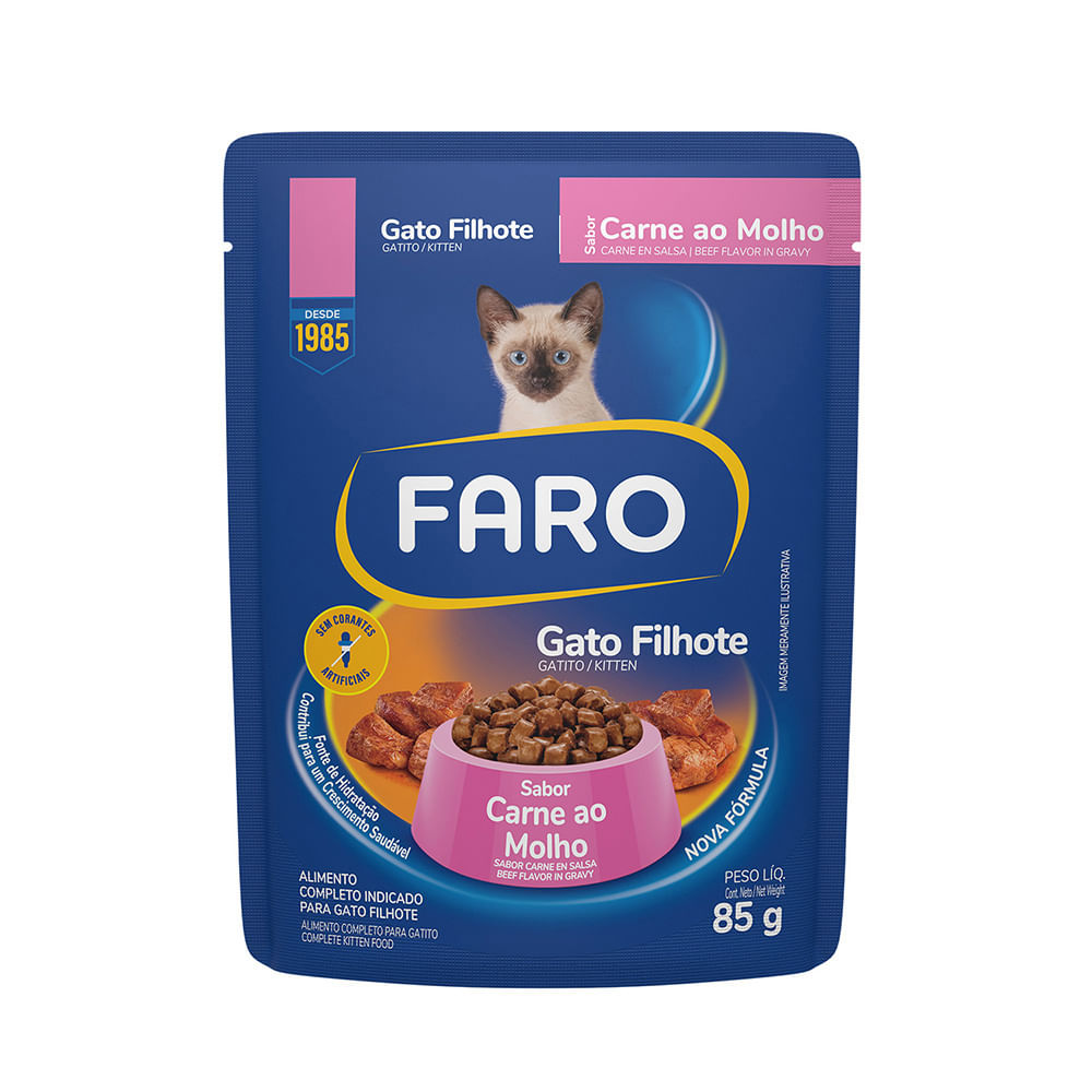 Foto-do-produto-Racao-Umida-Faro-para-Gatos-Filhotes-Sabor-Carne-Sache-85g-no-pet-shop-online-da-Tudo-de-Bicho